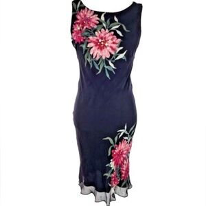 Amanda Lane Black beaded silk Dress with Pink Floral Design size 10P